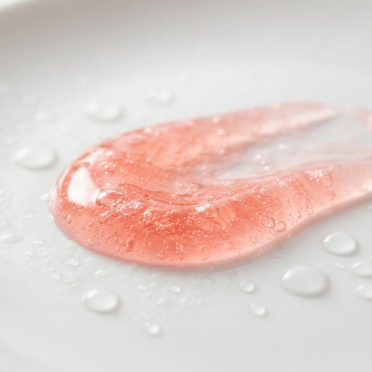 Texture du nettoyant visage Sheatilly, gel corail rosé et gouttes d'eau