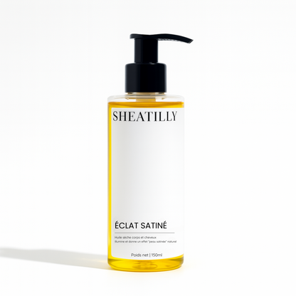 Flacon pompe d'huile sèche Éclat Satiné Sheatilly 150 ml, corps et cheveux