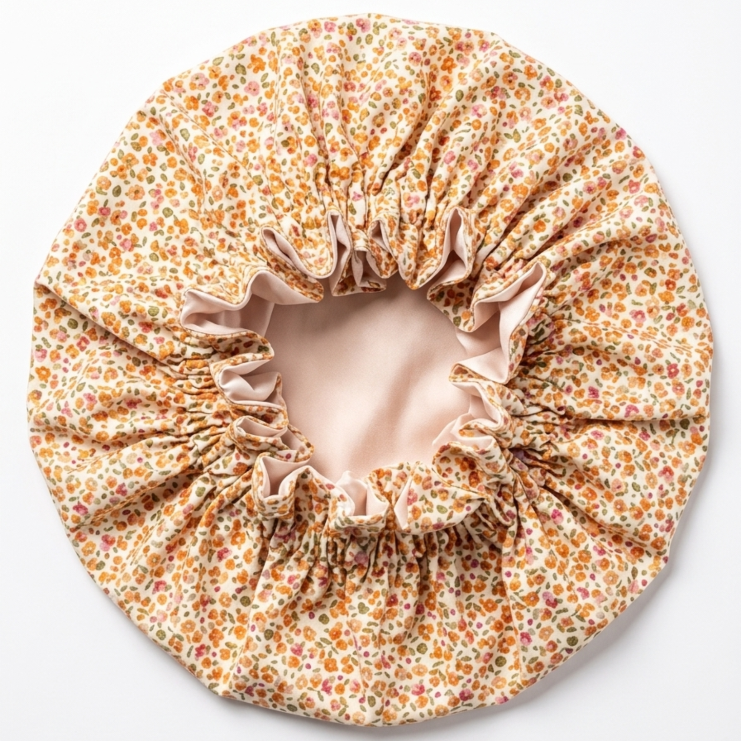 Bonnet de nuit en satin fait main Sheatilly, coton fleuri et doublure satin rosée
