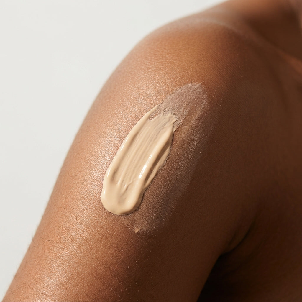 Crème solaire teintée Sheatilly appliquée sur une peau brune, sans voile blanc