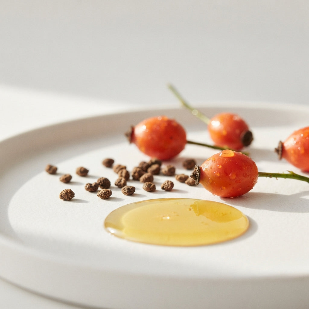 Baies de cynorrhodon et graines de bakuchiol, actifs de L'Huile Éclat