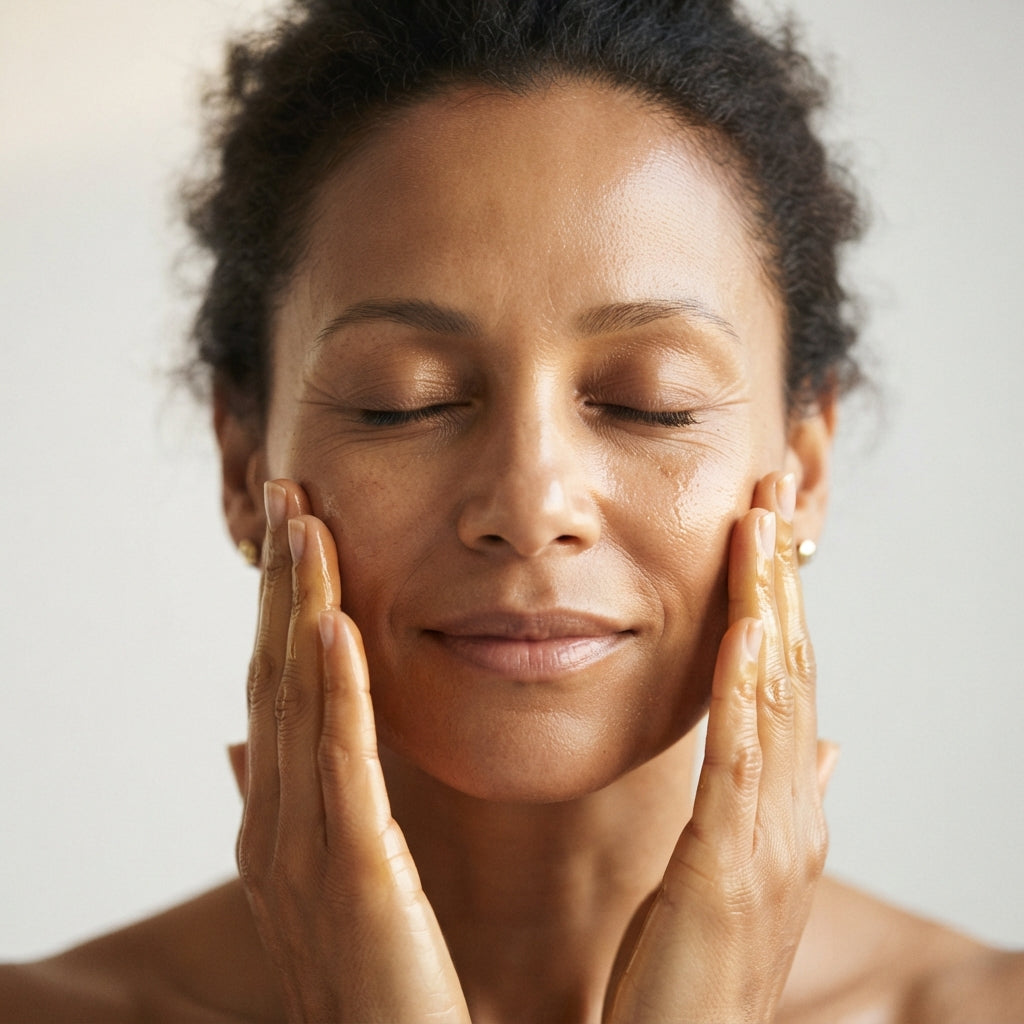 Application de L'Huile Éclat Sheatilly le soir sur le visage