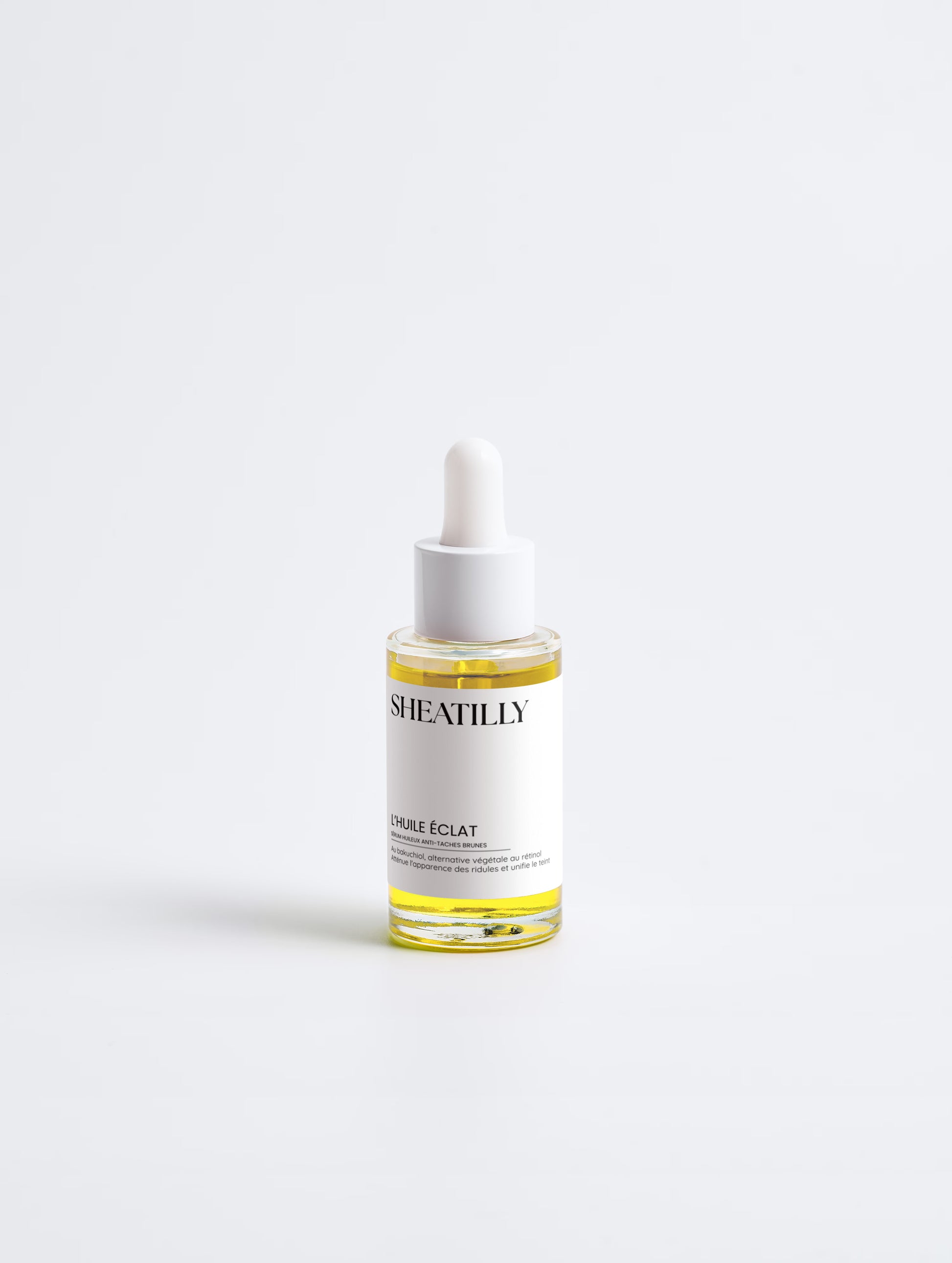 Flacon compte-gouttes L'Huile Éclat Sheatilly 30 ml, sérum au bakuchiol