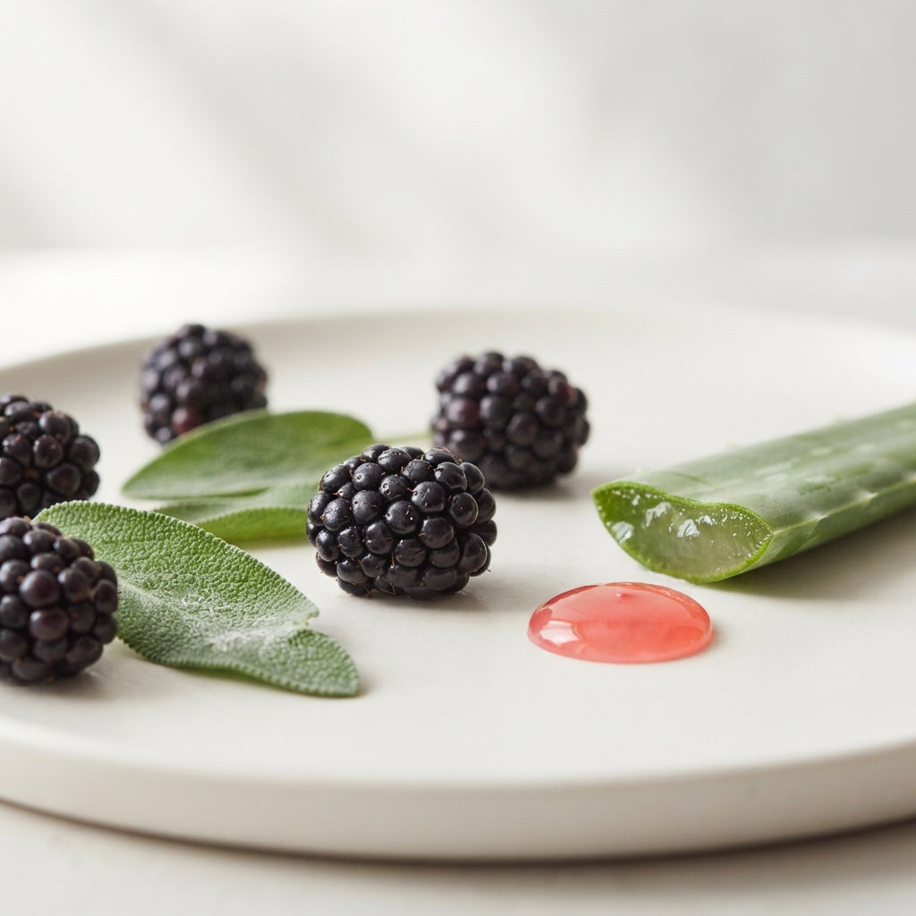 Mûres, feuilles de sauge et aloe vera, actifs du nettoyant visage Sheatilly