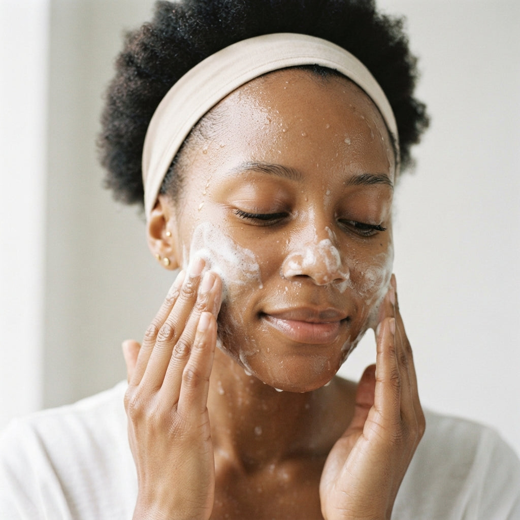 Femme appliquant le nettoyant visage Sheatilly en mousse sur ses joues