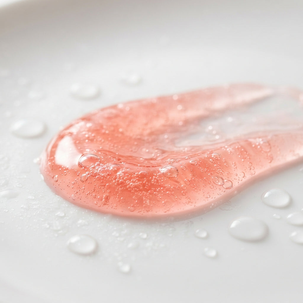 Texture du nettoyant visage Sheatilly, gel corail rosé et gouttes d'eau